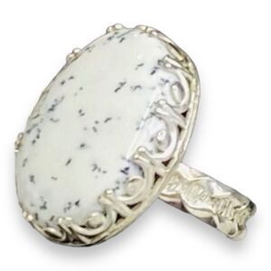 Natural Dendrite Opal White Speckled Sterling Silver Statement Ring Handmade NEW
